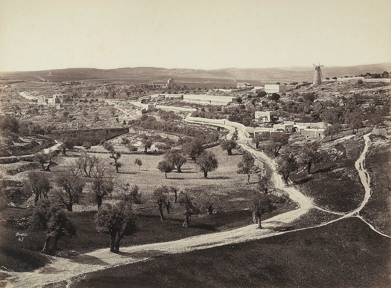 Valley landscape with a windmill and olive groves by Félix Bonfils