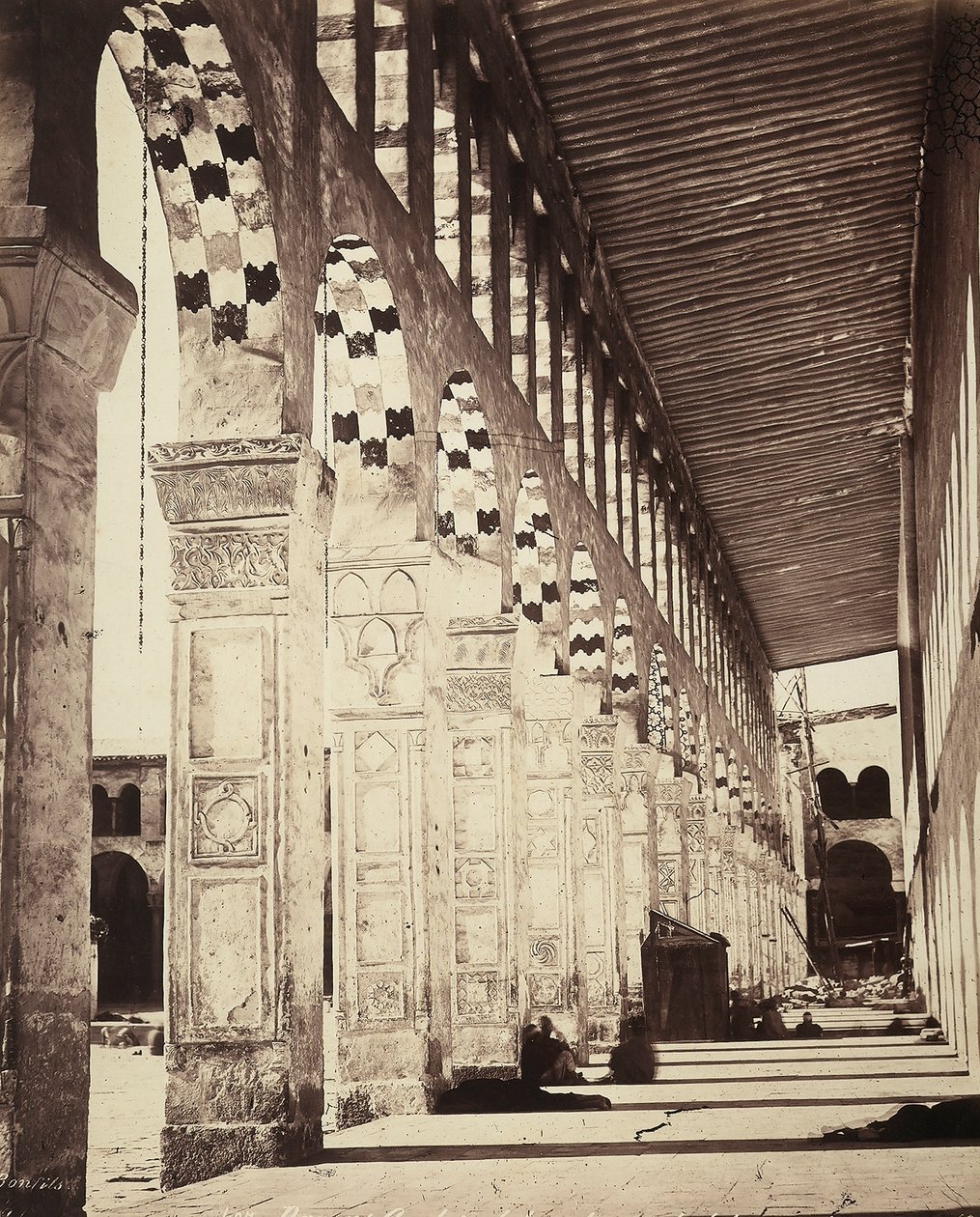 View of the colonnade in the Omayyade Great Mosque, Damascus, Syria by Félix Bonfils