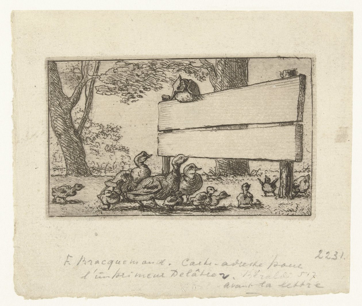 Address Card with Ducks by a Wooden Fence for the Printer Delâtre by Felix Bracquemond