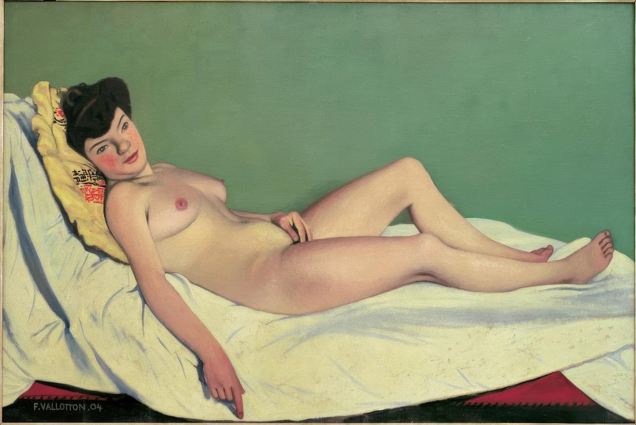Nude Woman Lying on a White Sheet, Yellow Cushion by Felix Edouard Vallotton
