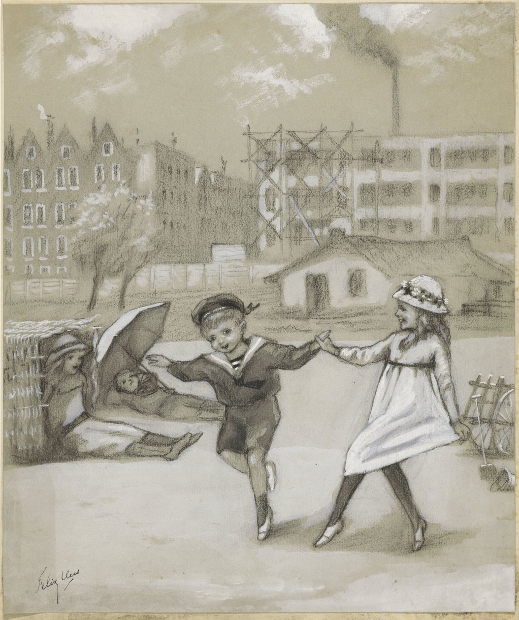 Dancing Boy and Girl in a City Park or Playground by Felix Hess (signed by artist)