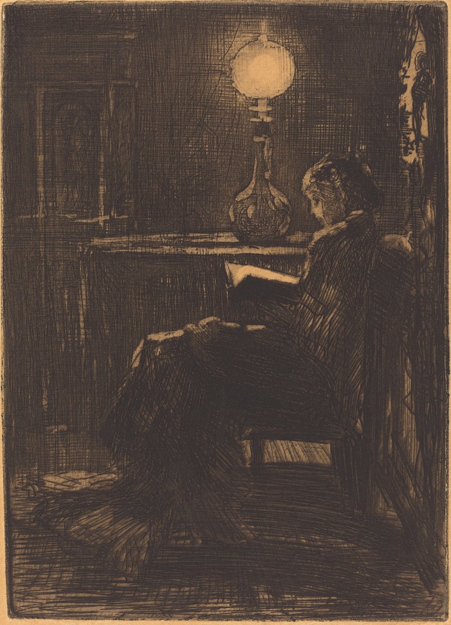 Woman Reading by Lamplight by Felix Hilaire Buhot