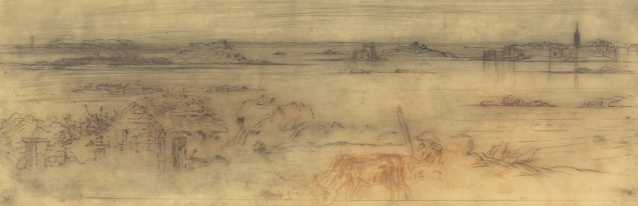 Seascape with a Fortified City at Right, Islands at Left and a Cottage in the Foreground by Felix Hilaire Buhot