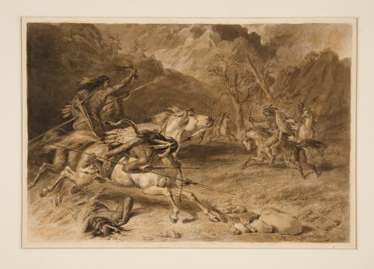 Drawing for The Encounter (Indian Fight on Horseback) by Felix O. C. Darley