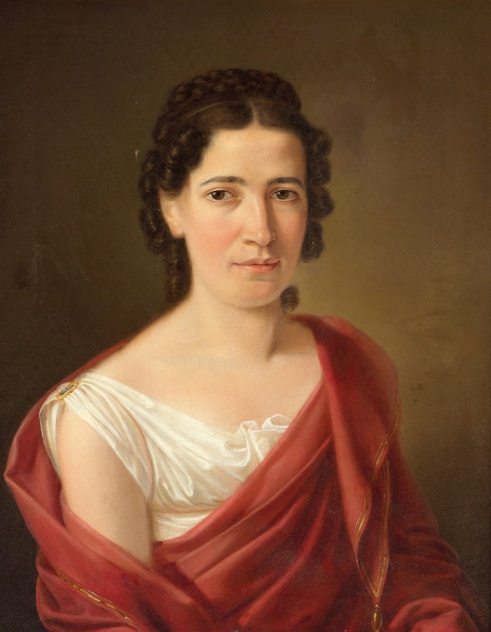 Black-Haired Woman in a White Dress and Wine Red Shawl by Ferdinand Georg Waldmuller