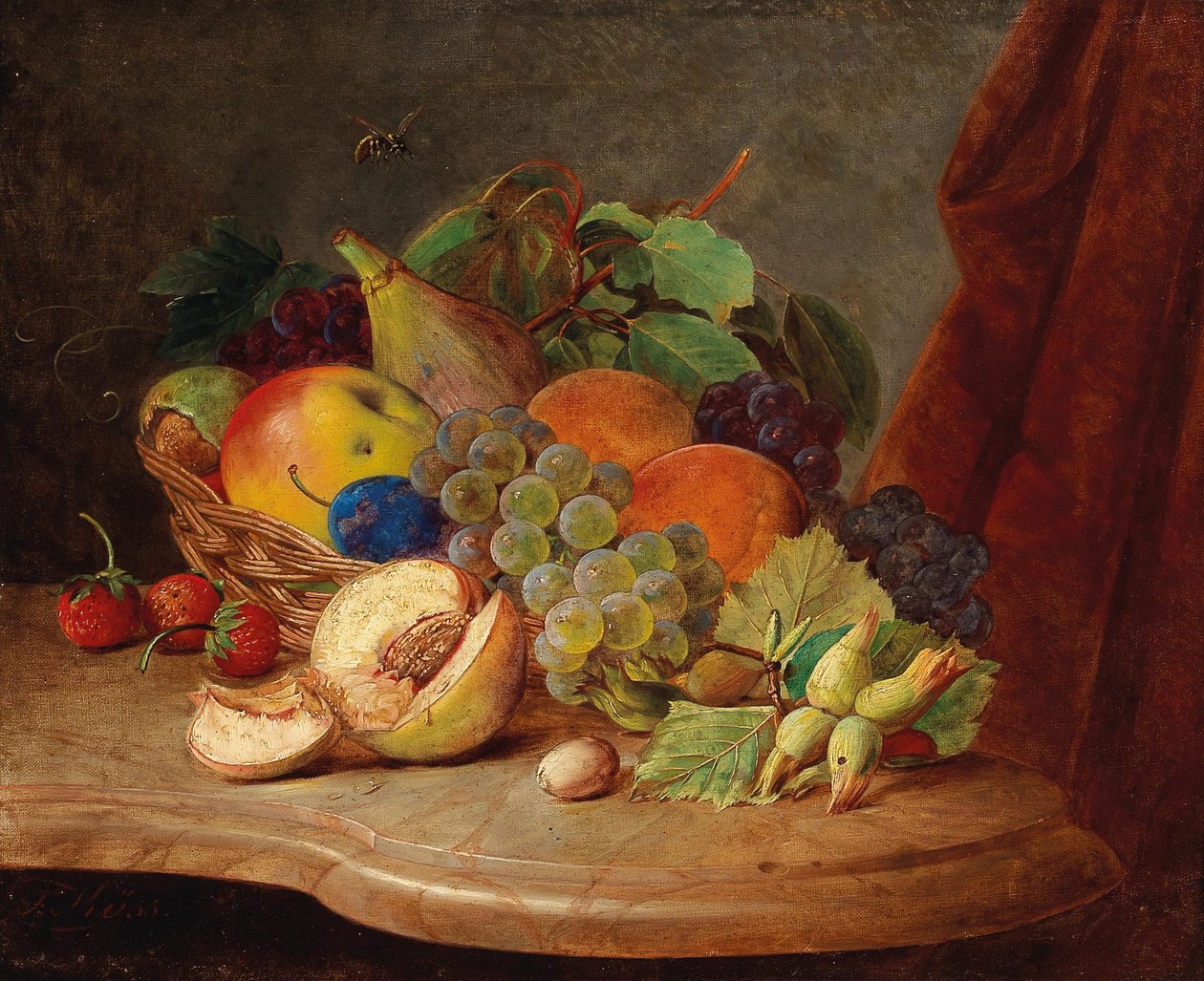 Still Life with Basket of Fruit and Bee by Ferdinand Kuss