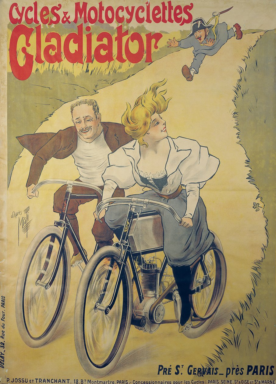 Poster advertising Gladiator bicycles and motorcycles by Ferdinand Misti Mifliez