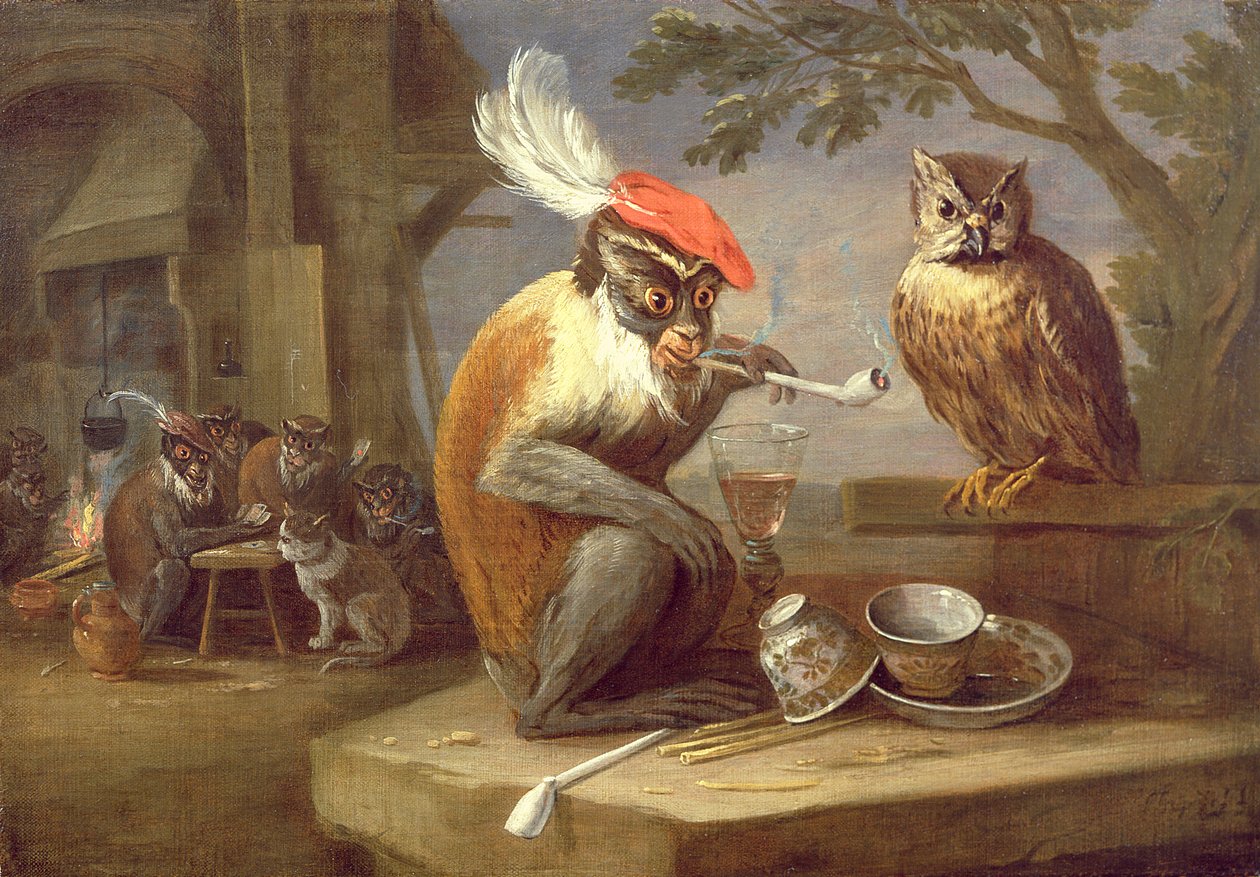 A Monkey Smoking and Drinking with an Owl by Ferdinand van Kessel