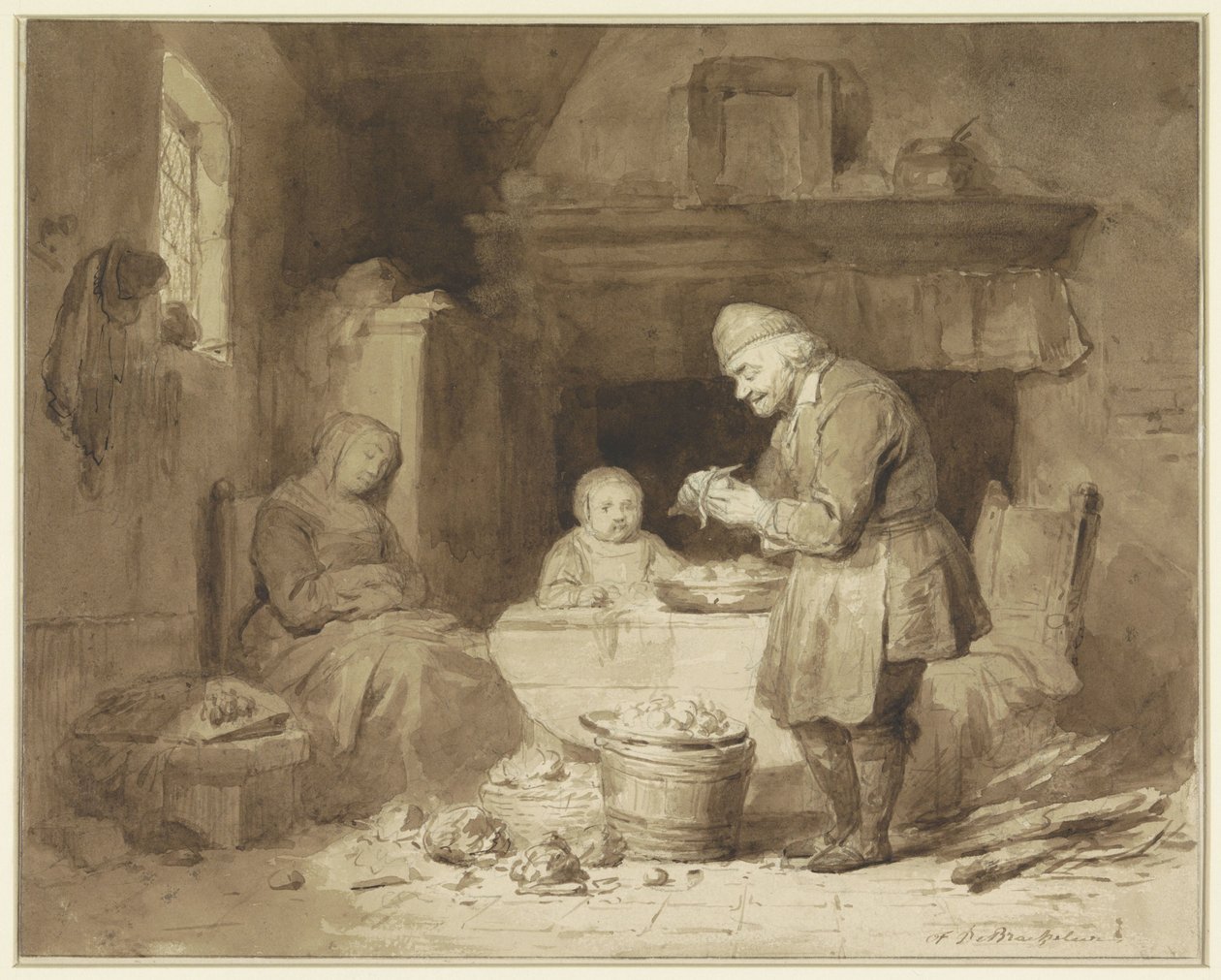While a Woman Has Fallen Asleep, an Old Man Peels Potatoes by Ferdinand De Braekeleer (I)
