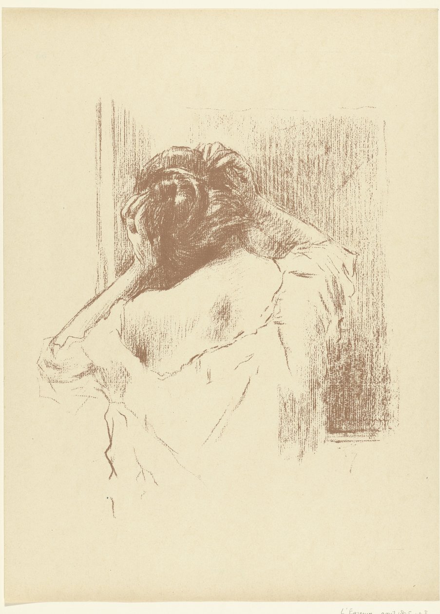 Woman in Front of Mirror Doing Her Hair (L