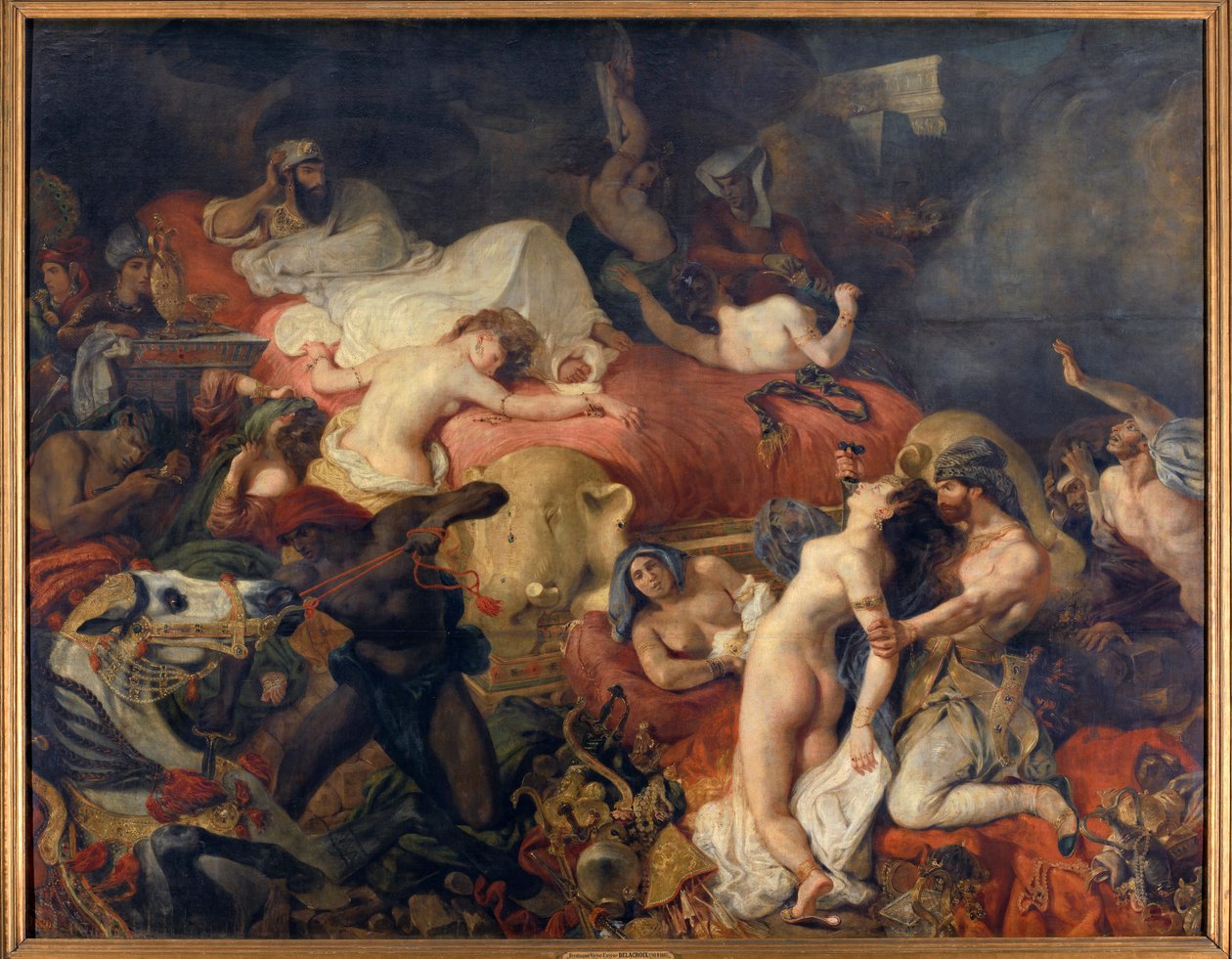 Death of Sardanapalus. Sardanapalus, Assyrian king besieged by insurgents, had his wives and horses slaughtered before killing himself by Ferdinand Victor Eugene Delacroix