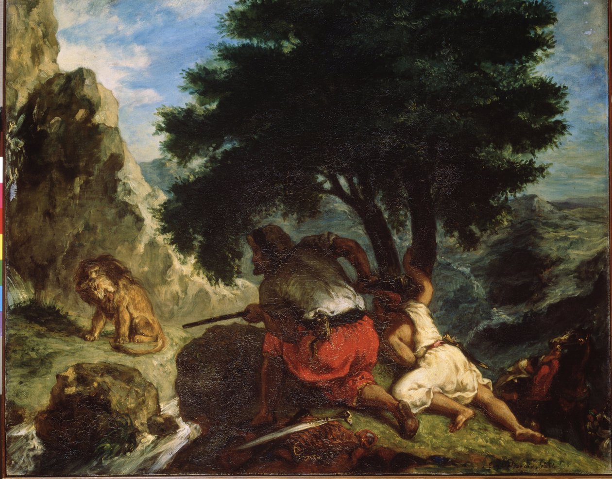 ""La chasse au lion au Maroc"" (Lion Hunt in Morocco) Peinture de Eugene Delacroix (1798-1863) 1854 Orientalisme Dim. 74x92 cm Musee de l