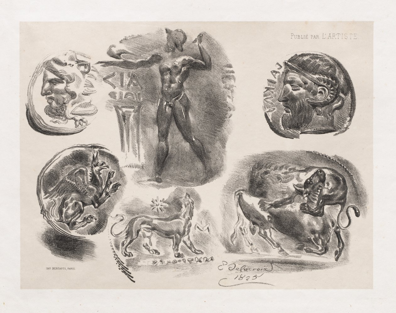 Sheet of Six Antique Coins by Ferdinand Victor Eugene Delacroix