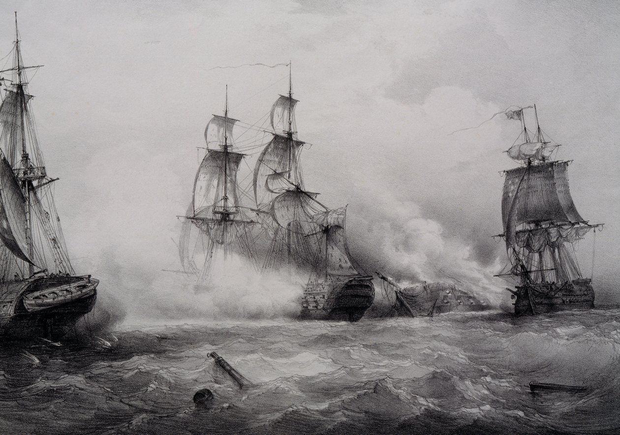 Fighting between British and American third-rate sailing ships with 74 guns, lithograph by Ferdinand Perrot by Ferdinand Victor Perrot