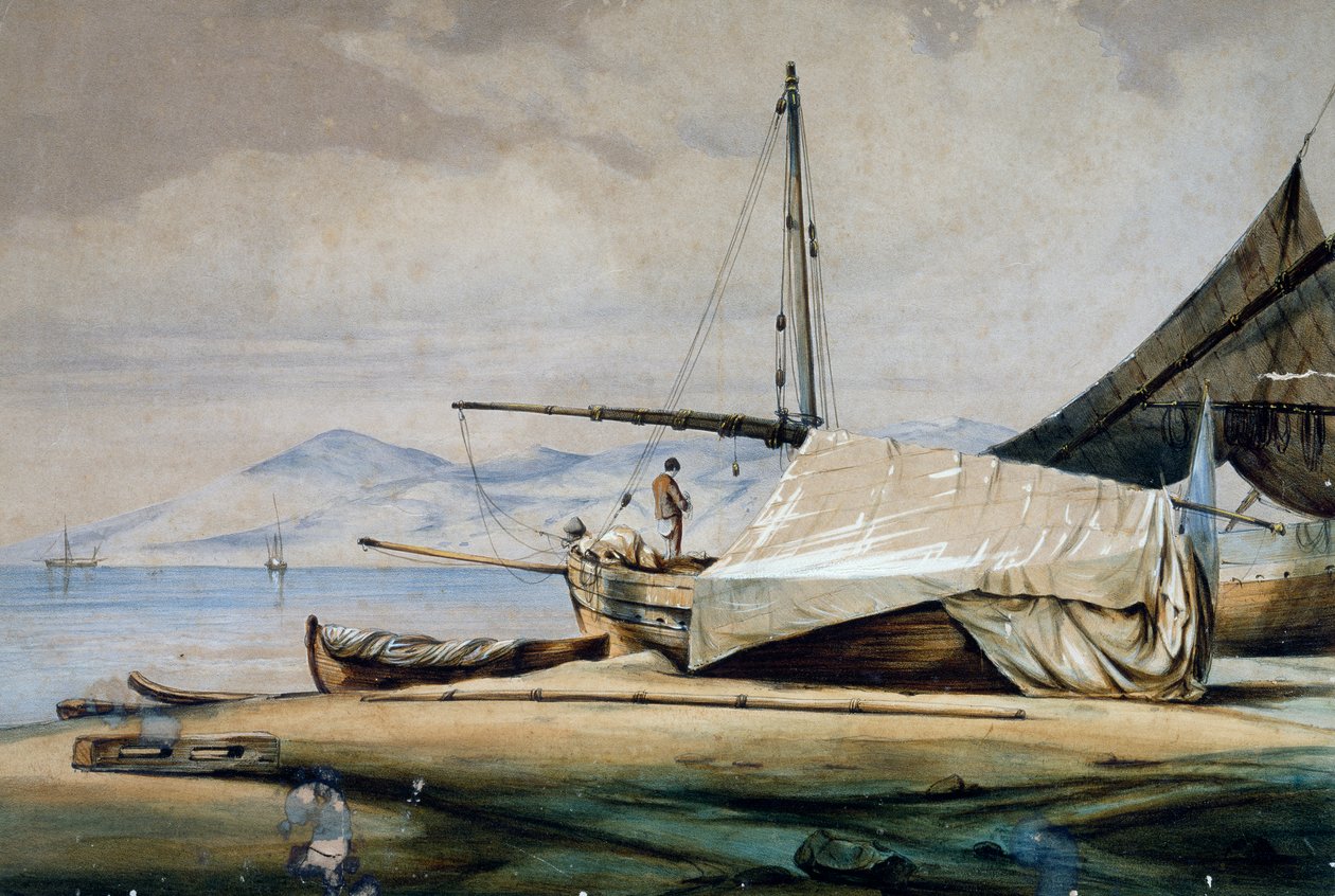 Leudi, Ligurian fishing boat, color lithograph by Ferdinand Perrot by Ferdinand Victor Perrot