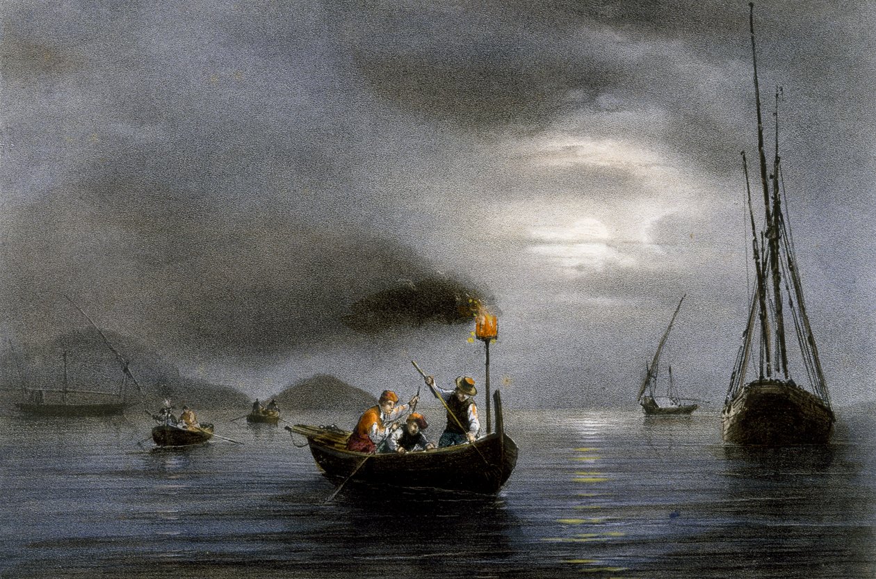 Night fishing by fishing lamp, Colored lithograph by Ferdinand Perrot by Ferdinand Victor Perrot