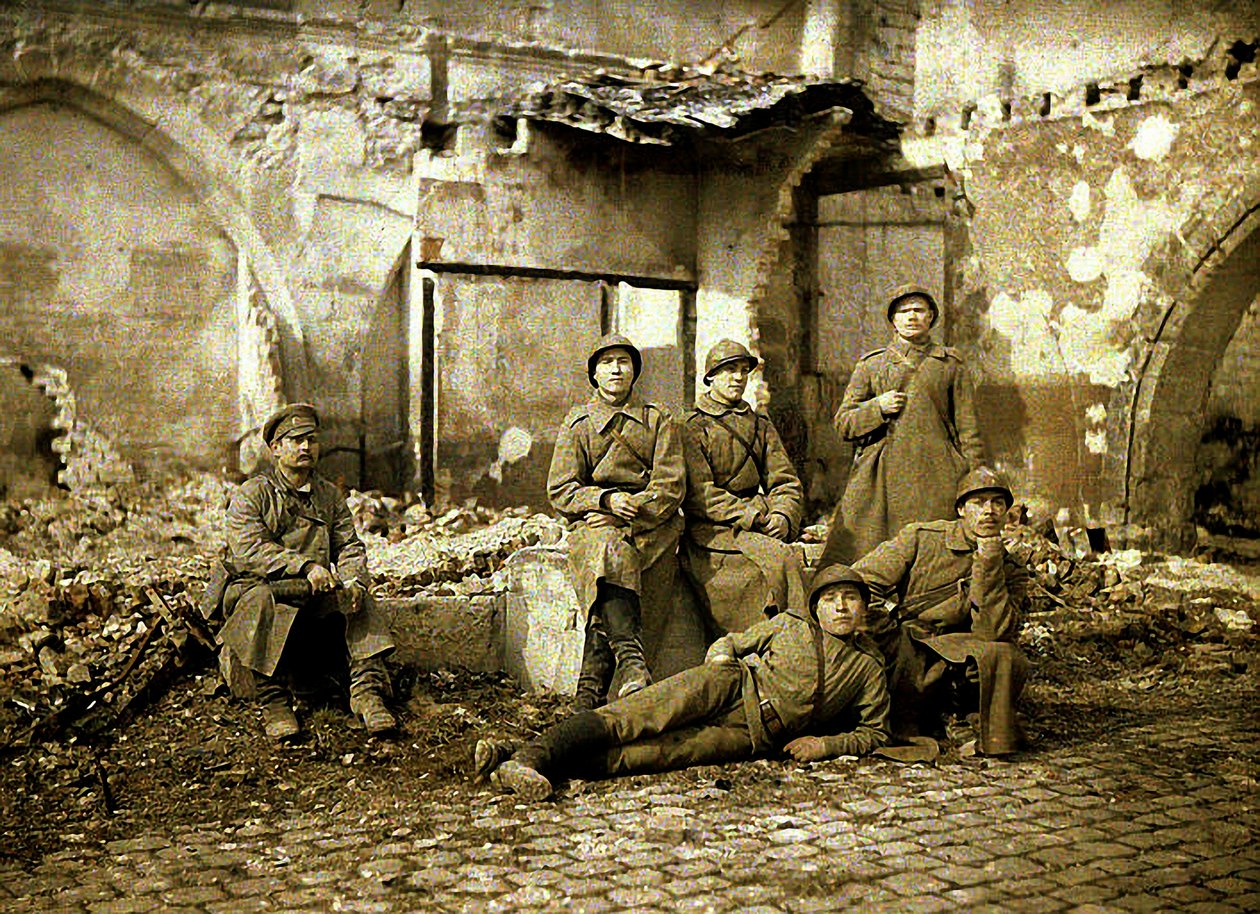 Group of Russian soldiers in the ruins, Reims, Marne, France, 1917 (autochrome) by Fernand Cuville