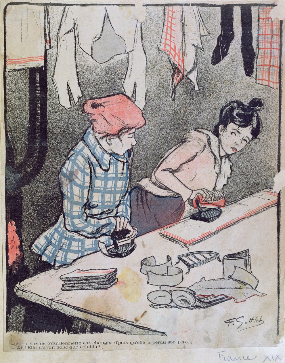 Caricature depicting two washerwomen gossiping by Fernand Louis Gottlob