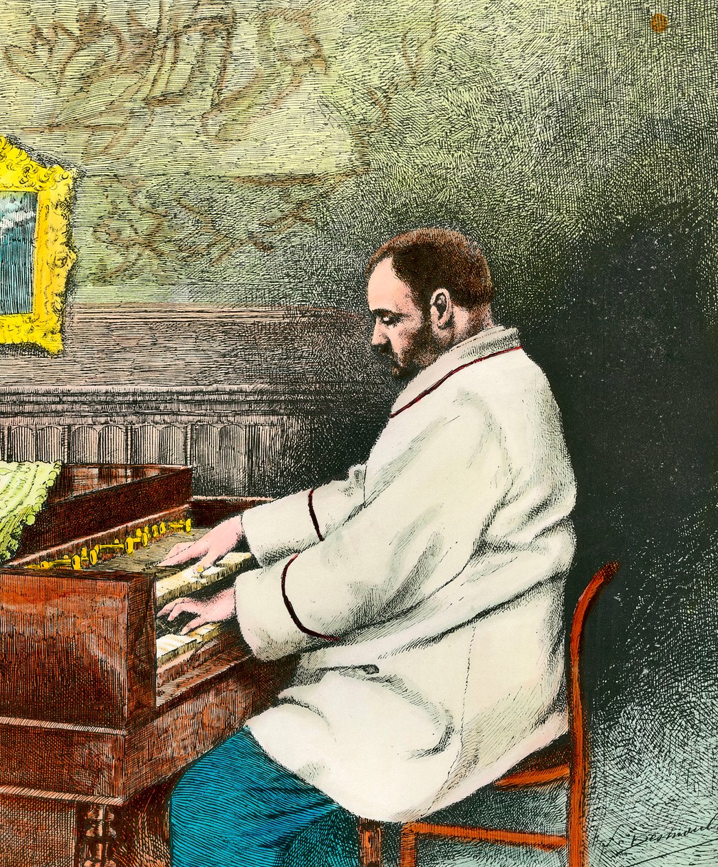 Portrait of Emile Zola playing the organ. Engraving by Desmoulin by Fernand Desmoulin