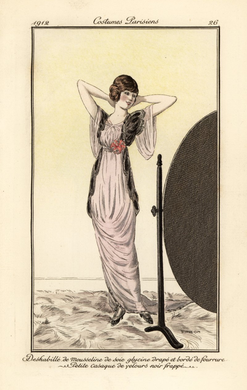 Woman in lilac muslin silk dress with black velvet vest looking at herself in a mirror by Fernand Siméon