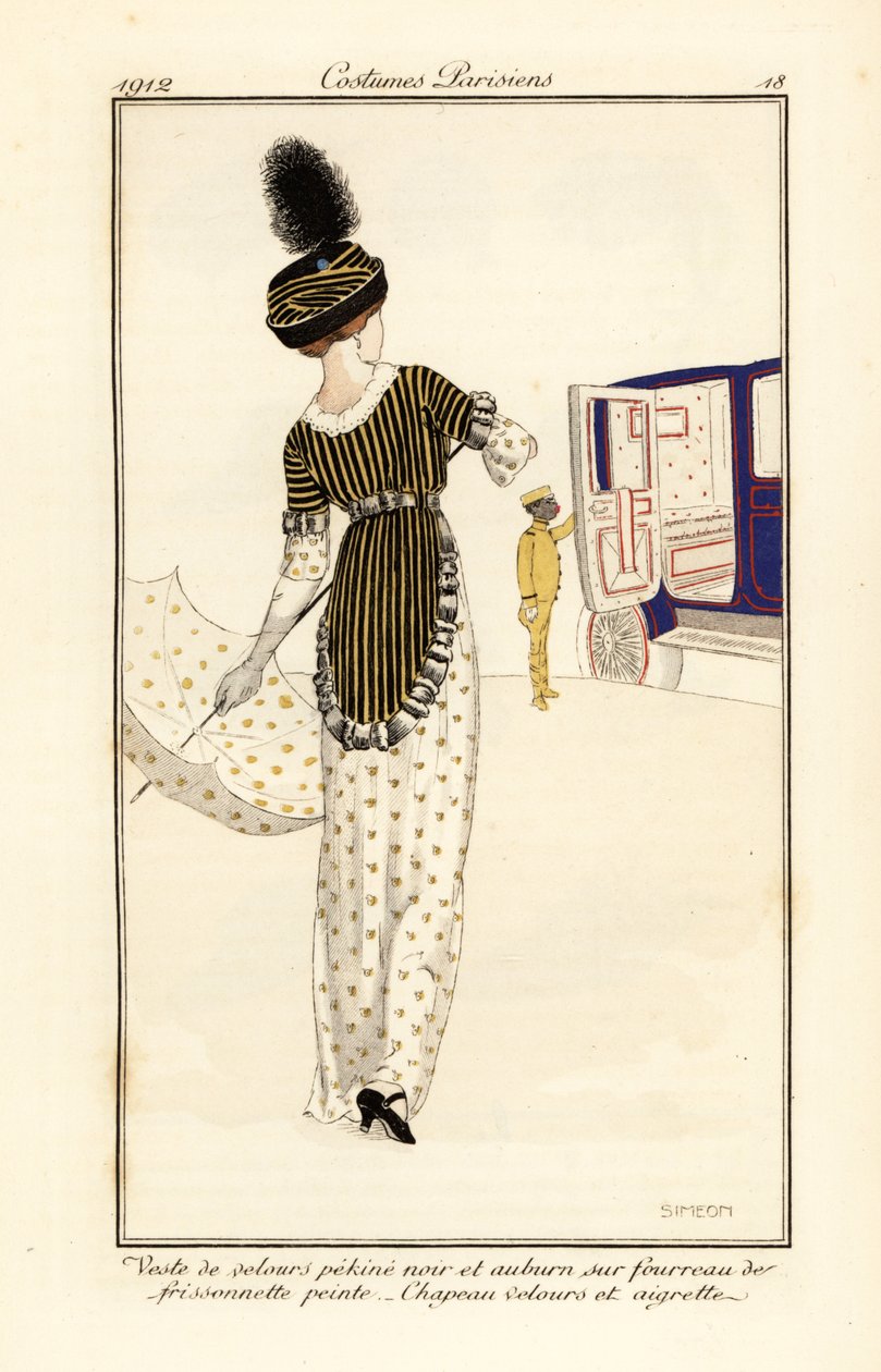 Woman in waistcoat of pekine velvet over a printed sheath dress by Fernand Siméon