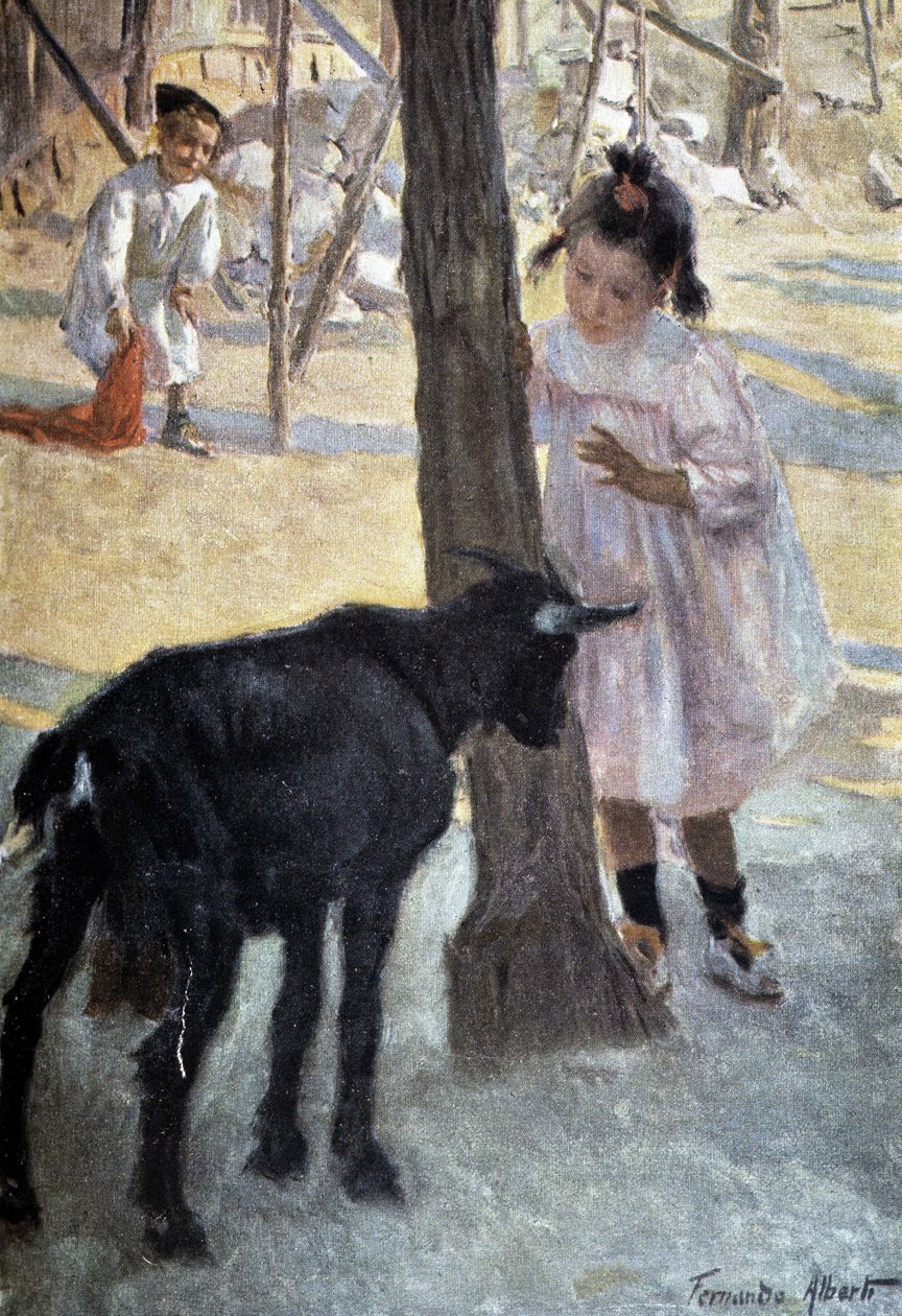 Girl and goat by Fernando Alberto: Premium art reproduction
