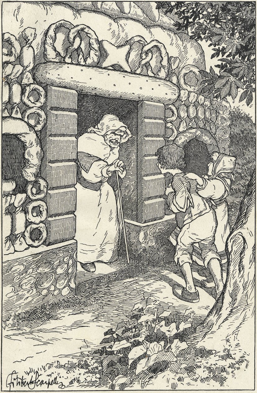 Two Children in the Gingerbread House in the Woods. Illustration by F. Scarpelli for the fable Hansel and Gretel from a collection by the Brothers Grimm. Snow White and Other Tales, Florence by Filiberto Scarpelli