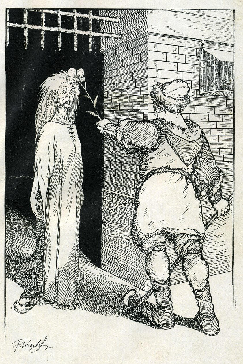 "He First Touched the Old Woman, She Was Petrified". Illustration by Filiberto Scarpelli for the fable "Good Evening Ezekiel" from a collection of fables by the Brothers Grimm "Snow White and Other Tales" by Filiberto Scarpelli
