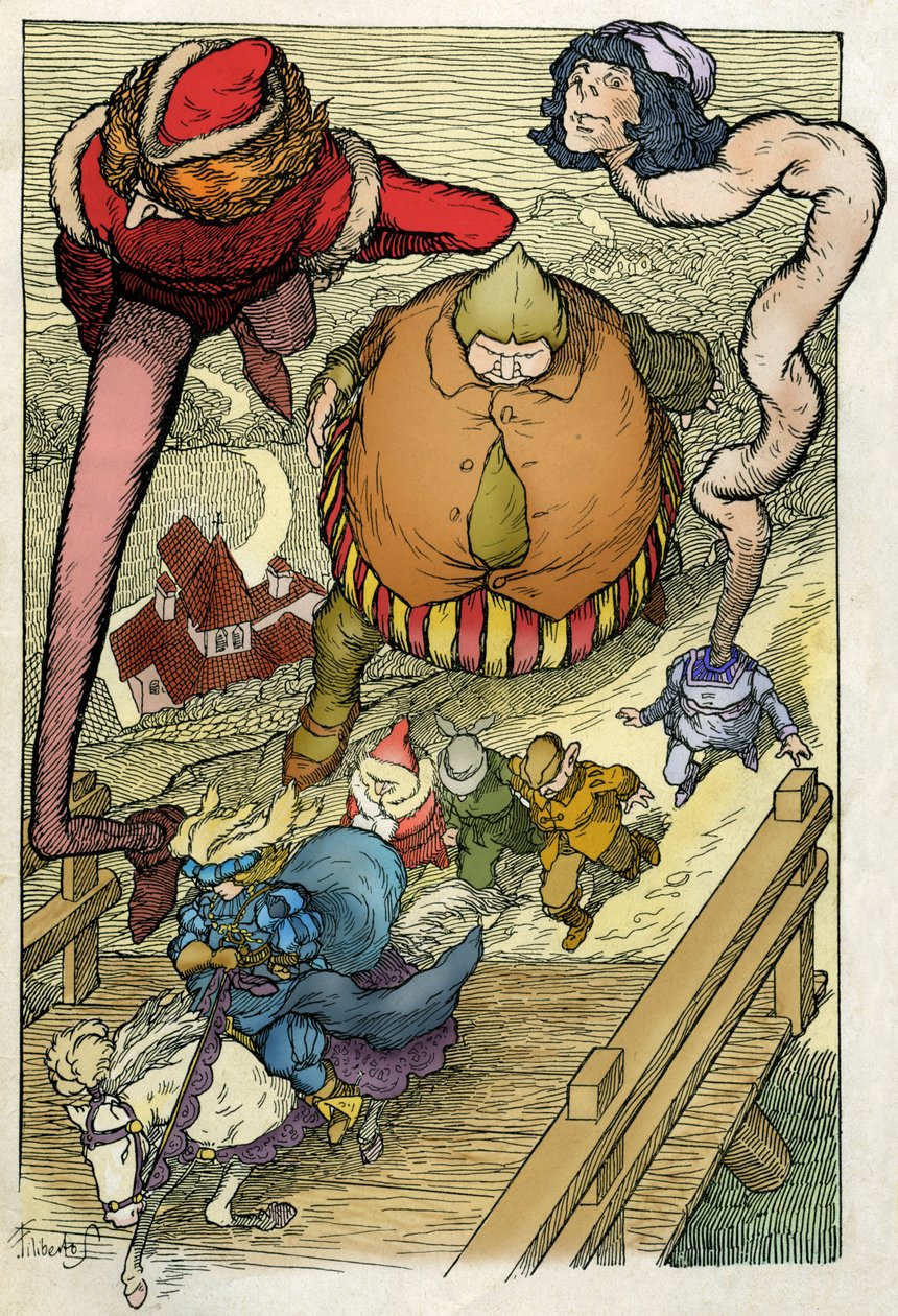 Illustration by Filiberto Scarpelli for the fable "Servants and the Prince" from a collection of fables by the Brothers Grimm "Snow White and Other Tales" by Filiberto Scarpelli