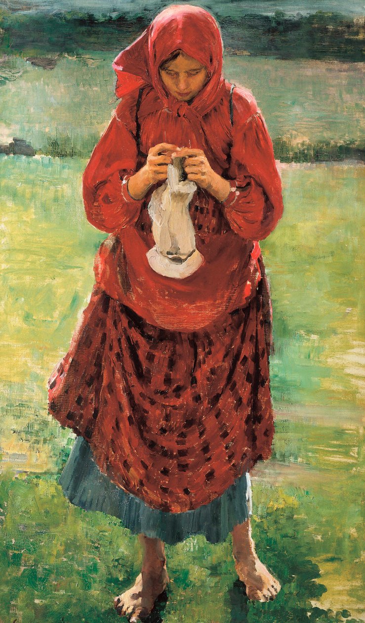 A young peasant woman knitting a stocking by Filipp Andreevich Maliavin
