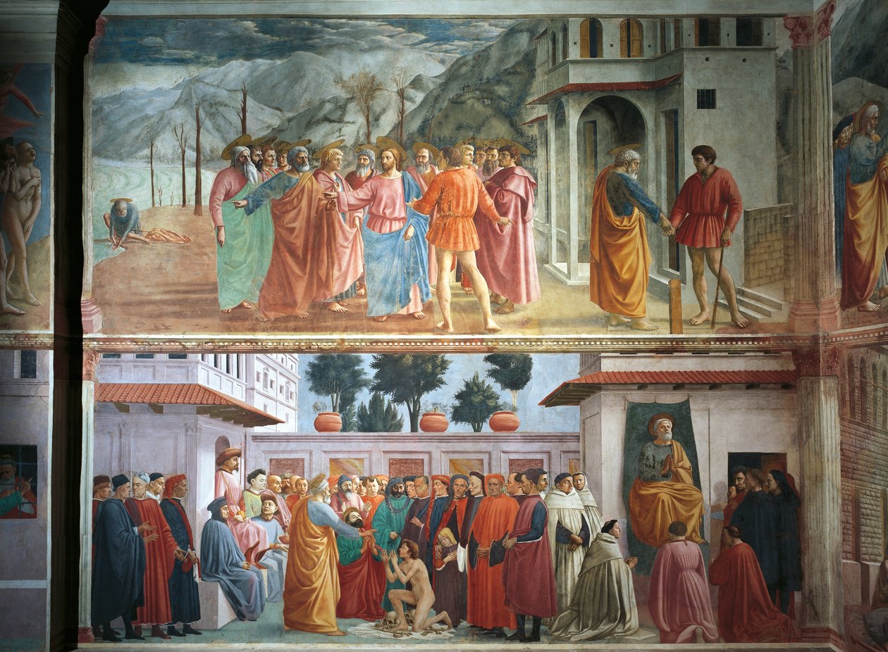 The Tribute money, by Tommaso Masaccio, The Raising of the Son of Theophilus and Saint Peter enthroned, by Tommaso Masaccio and Filippo Lippi, frescoes by Filippino Lippi