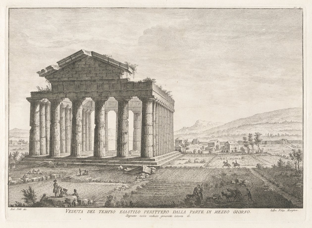 Veduta del tempio esastilo perittero dalla parte di mezzo giorno (View of the Peripteral Hexastyle Temple from the South), from Antichit? di Pesto (Antiquities of Paestum) by Filippo Morghen