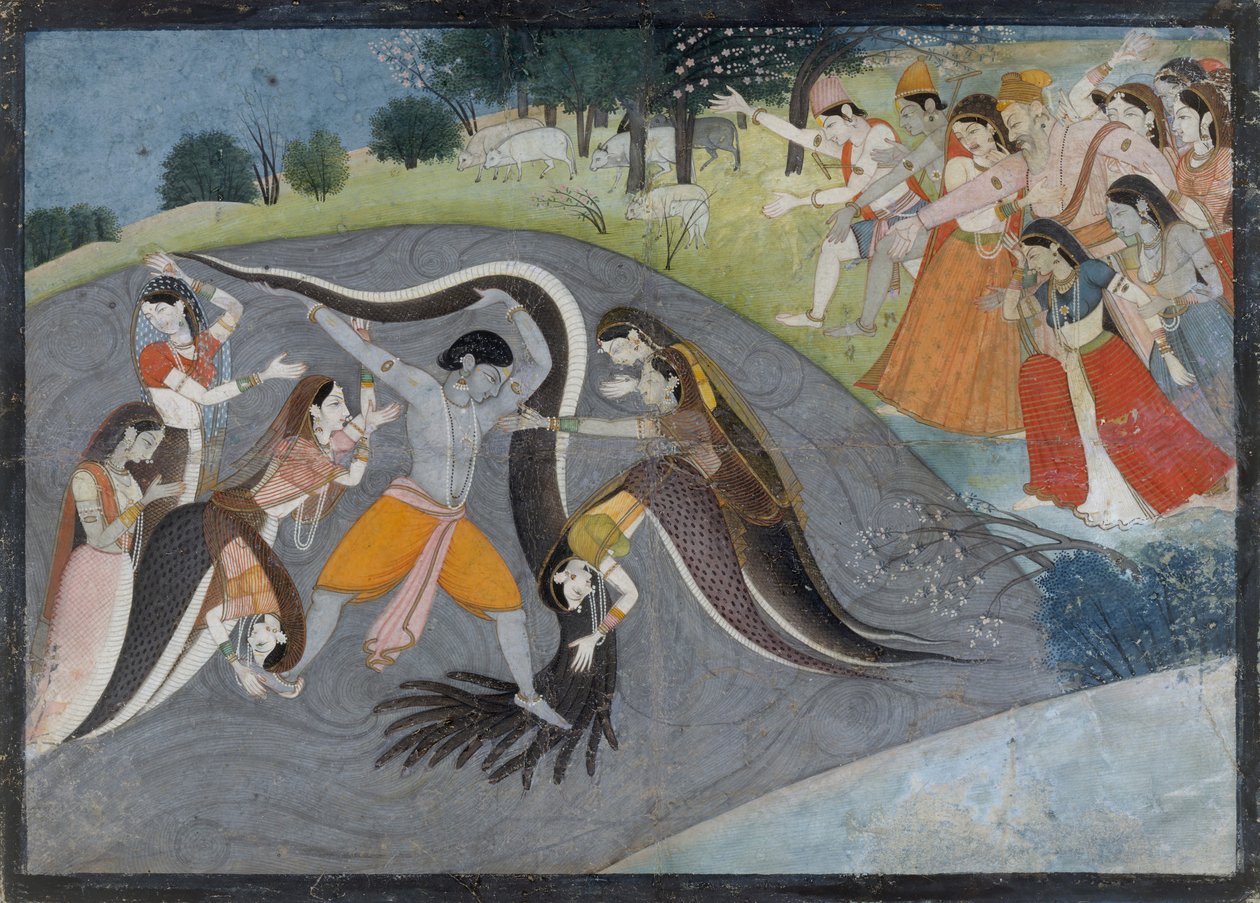 Krishna Subduing Kaliya, the Snake Demon: Folio from a Bhagavata Purana Series by First generation after Manaku and Nainsukh.