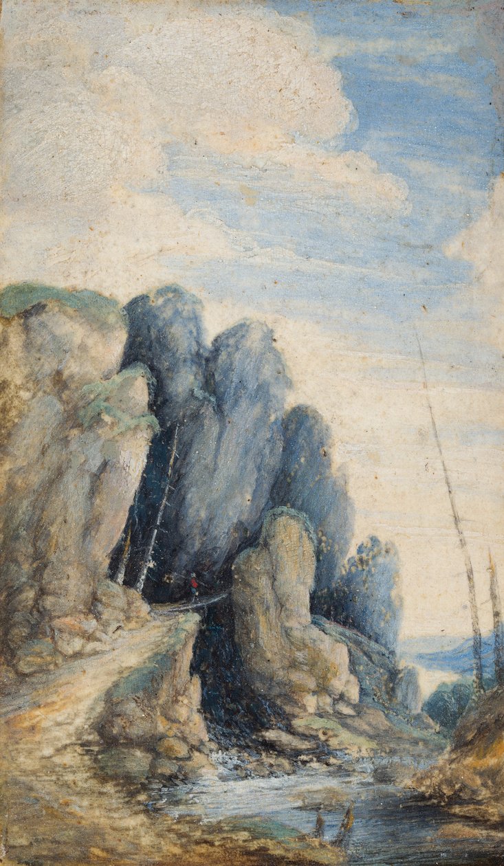 A Traveller on a Bridge in a Rocky River Landscape by Flemish School