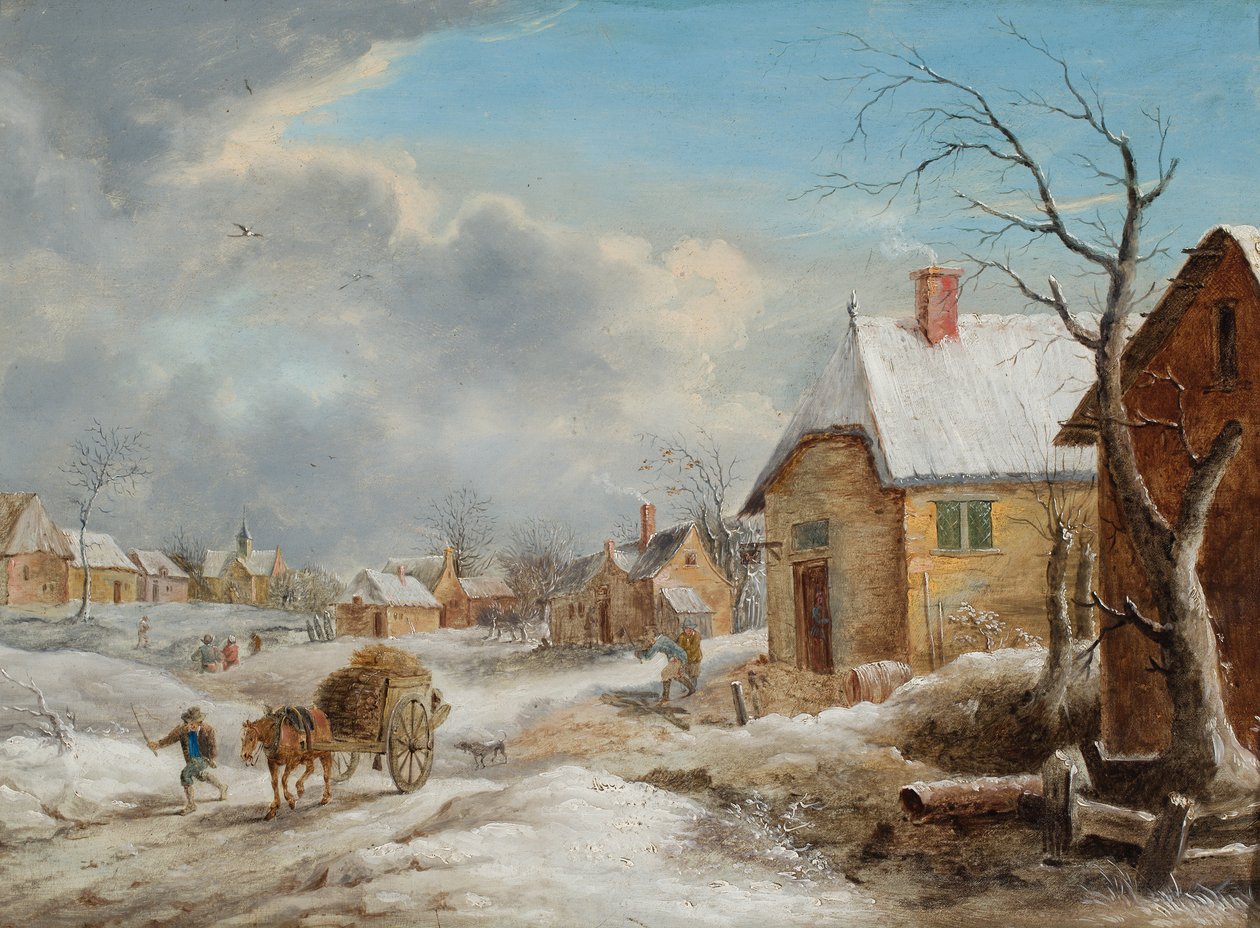 A Village in Winter with a Horse Pulling a Cart Piled with Wood by Flemish School