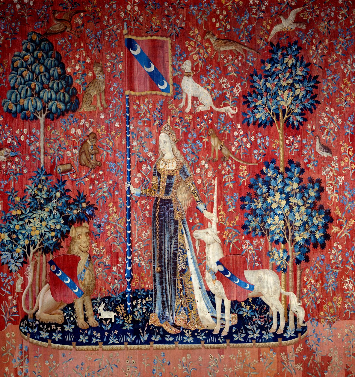 A young woman surrounded by a lion, a unicorn, a monkey, rabbits - Allegory of touch by Flemish School