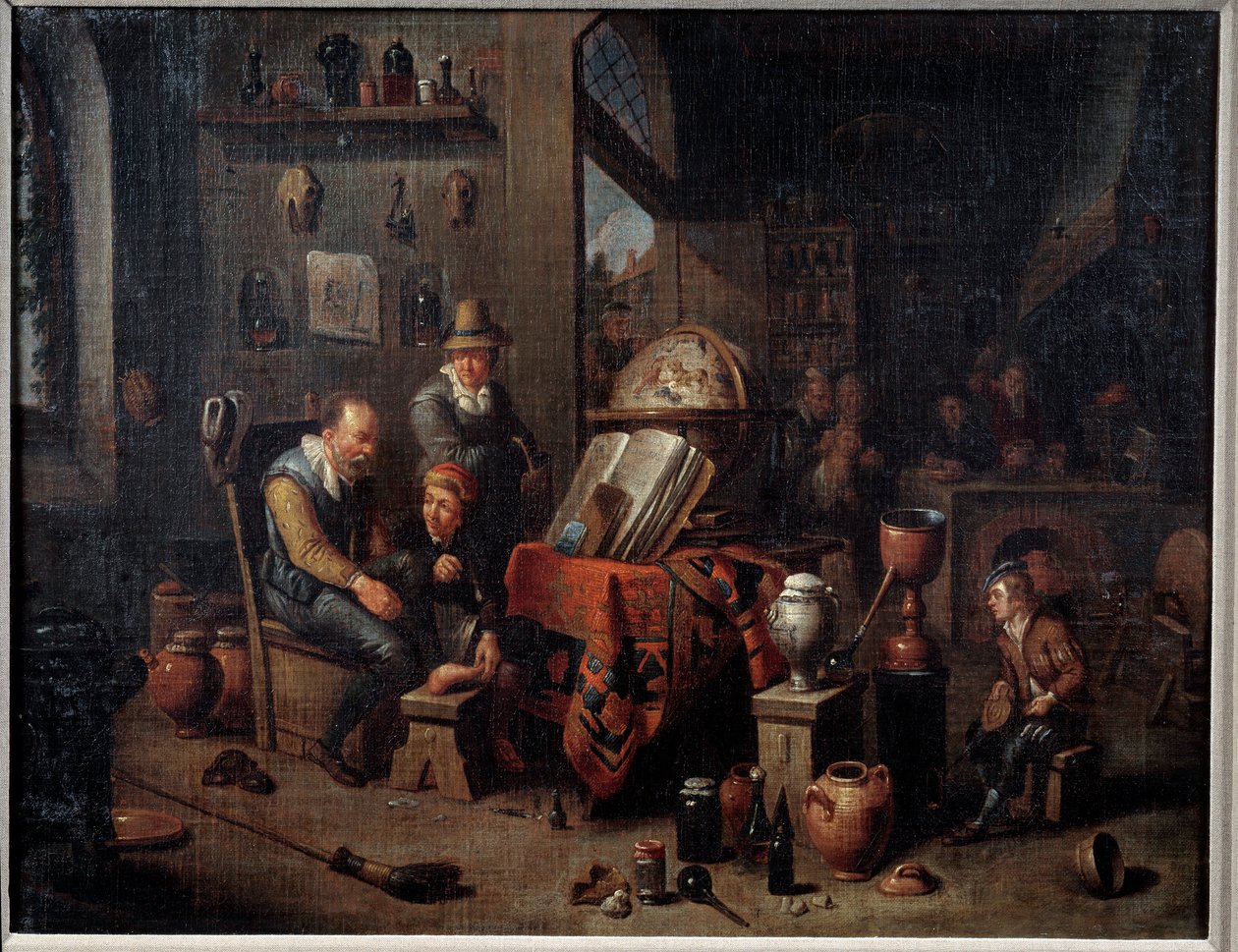 An apothecary The pharmacist in his laboratory helps his apprentices and surrounds his instruments, flask, map, still. In the back, the shop counter by Flemish School