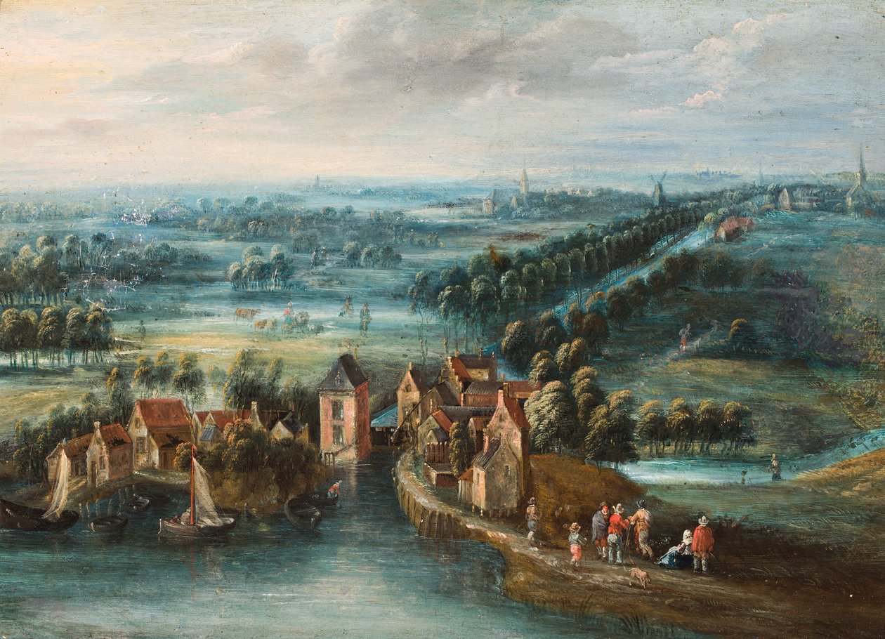 An Extensive Landscape with a Village by a River and Figures in the Foreground by Flemish School