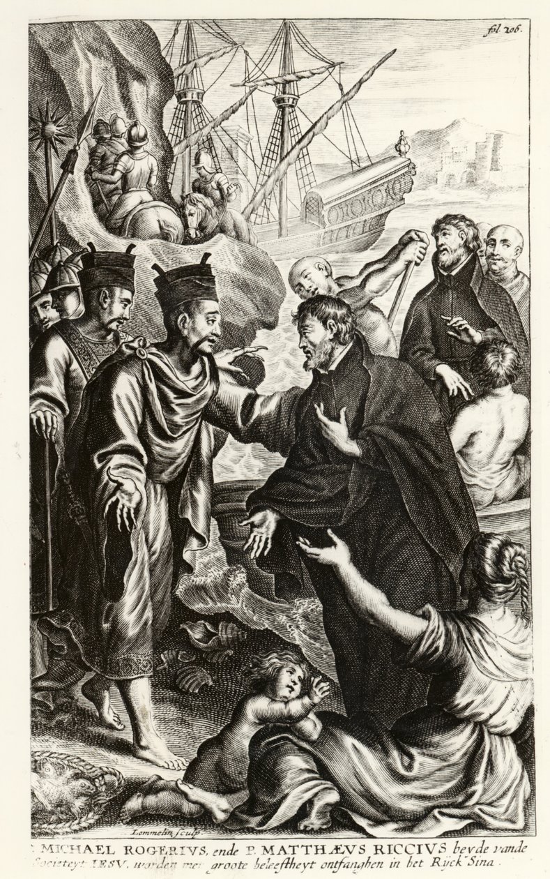 Michael Rogerius (1543-1607) and Matthaeus Riccius (1552-1610) arriving on the coast of China, illustration from a history of the Church by P. Cornelius Hazart, published in Antwerp, 1668 by Flemish School