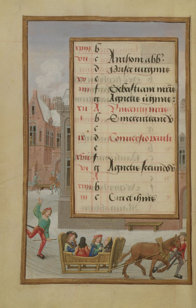 Street Scene in the Snow, illuminated calendar page for January, from a Book of Hours, c.1500 by Flemish School