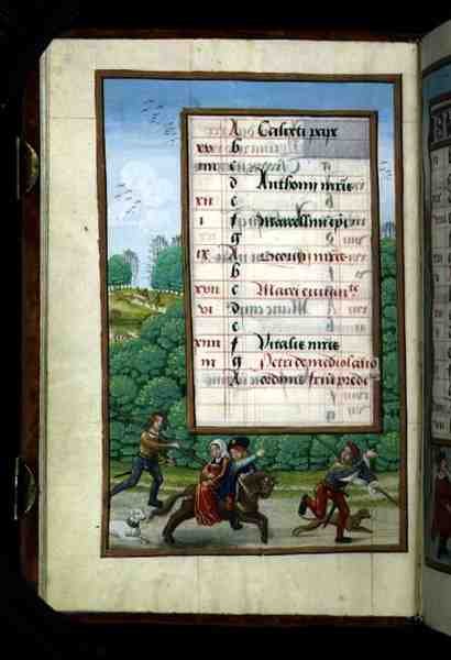 A Master and his Lady Ride with the Hunt, illuminated calendar page for April by Flemish School