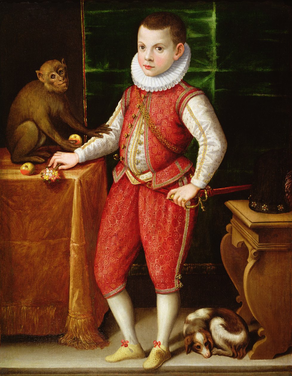 Portrait of a Young Nobleman with a Monkey and a Dog by Flemish School