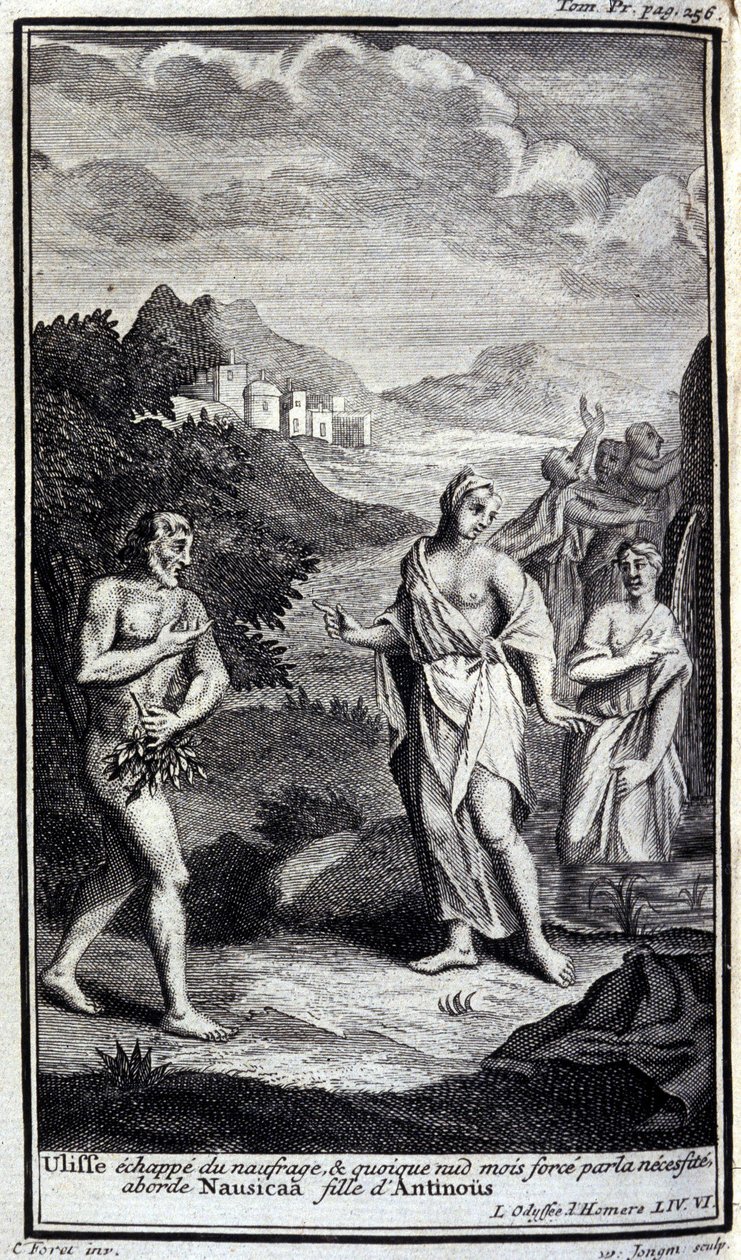 Ulysses escapes from the shipwreck, and although naked but forced by necessity approaches Nausicaa, daughter of Antinous. Illustration for book VI of the Odyssey by Homer, in the Odyssey, published in Amsterdam in 1731, Milan by Flemish School