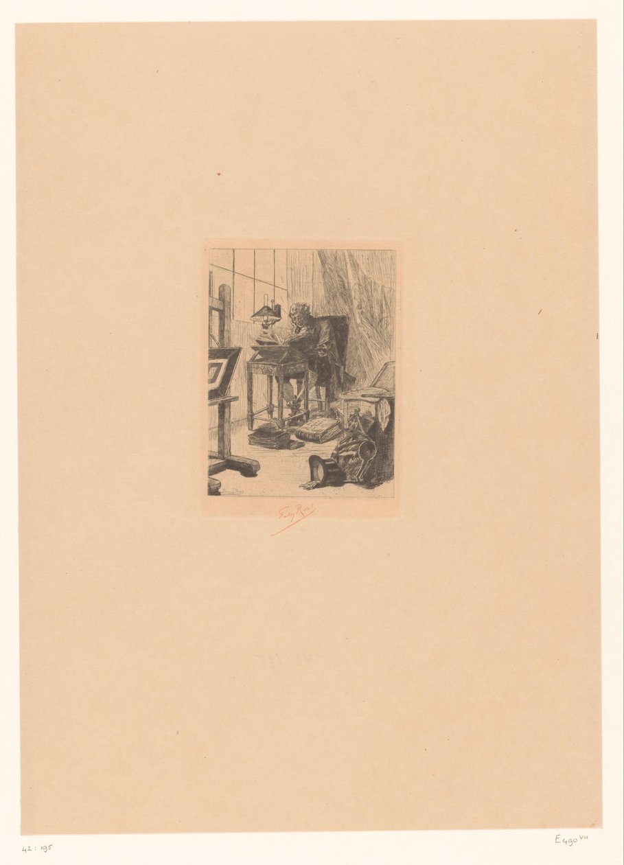 Old Man Reading in a Study by Félicien Rops (signed by artist)