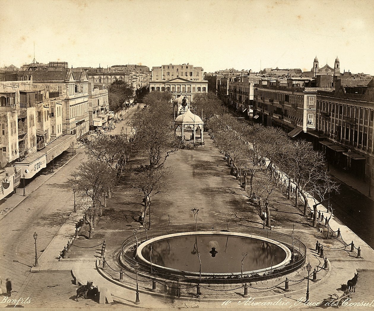 Alexandria, Egypt: Square of the Consuls, with a large round fountain by Félix Bonfils