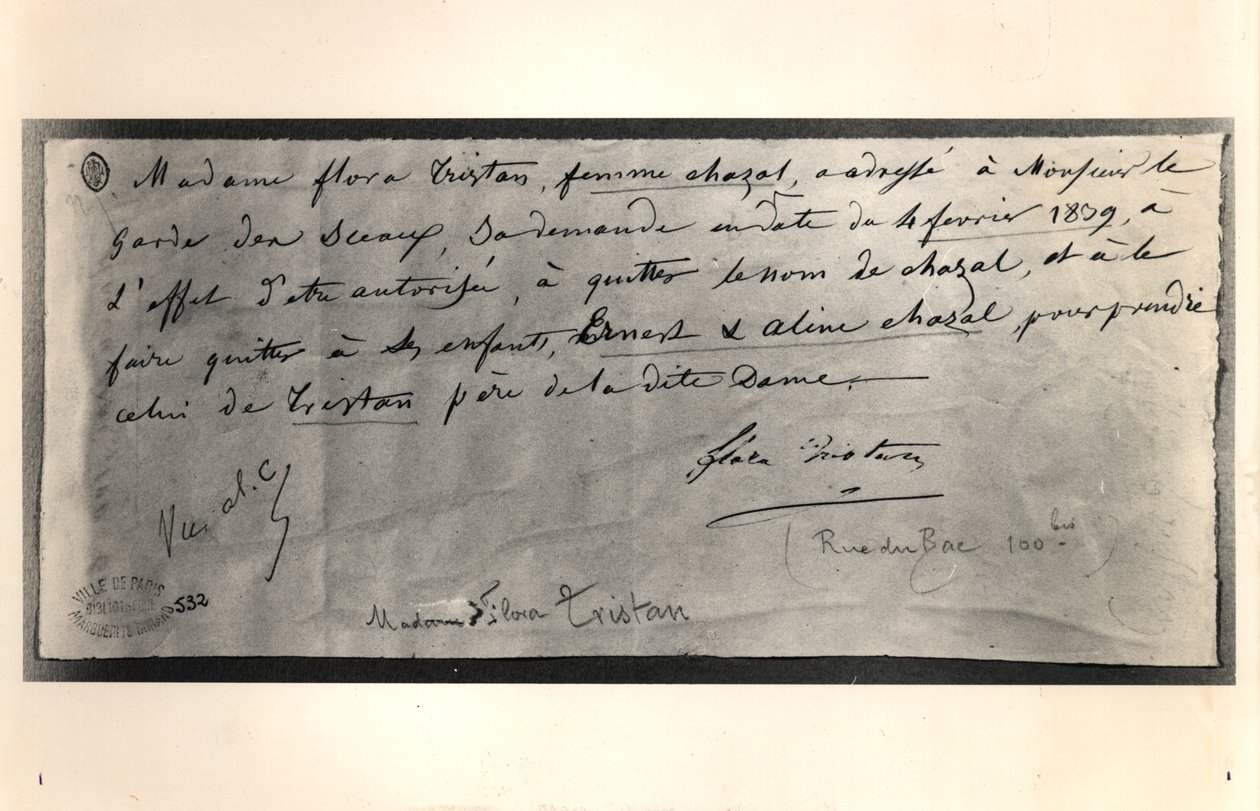 Autographed letter from Flora Tristan to the French Minister of Justice, asking for a divorce by Flora Tristan