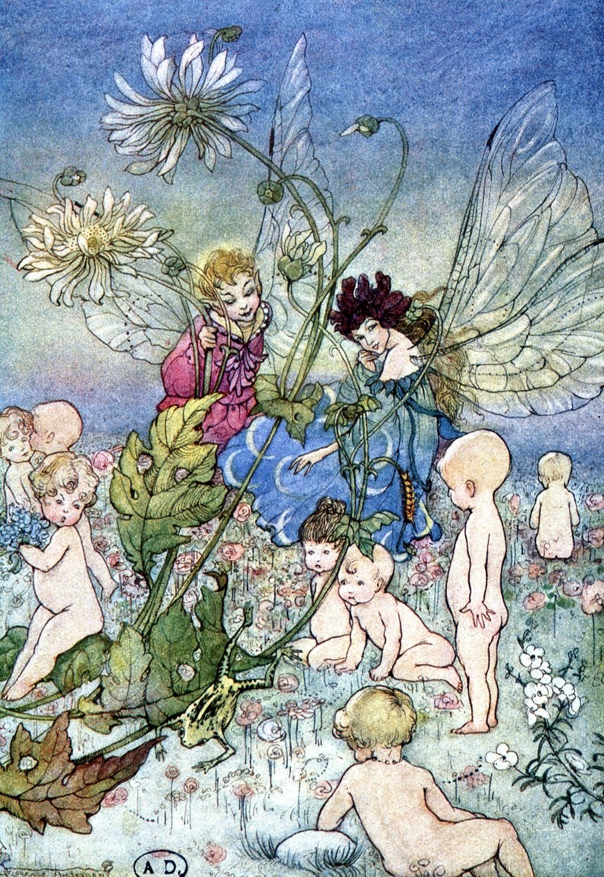 Woman-Dragonfly (Fairy) and Elf Surrounded by Babies by Florence Anderson
