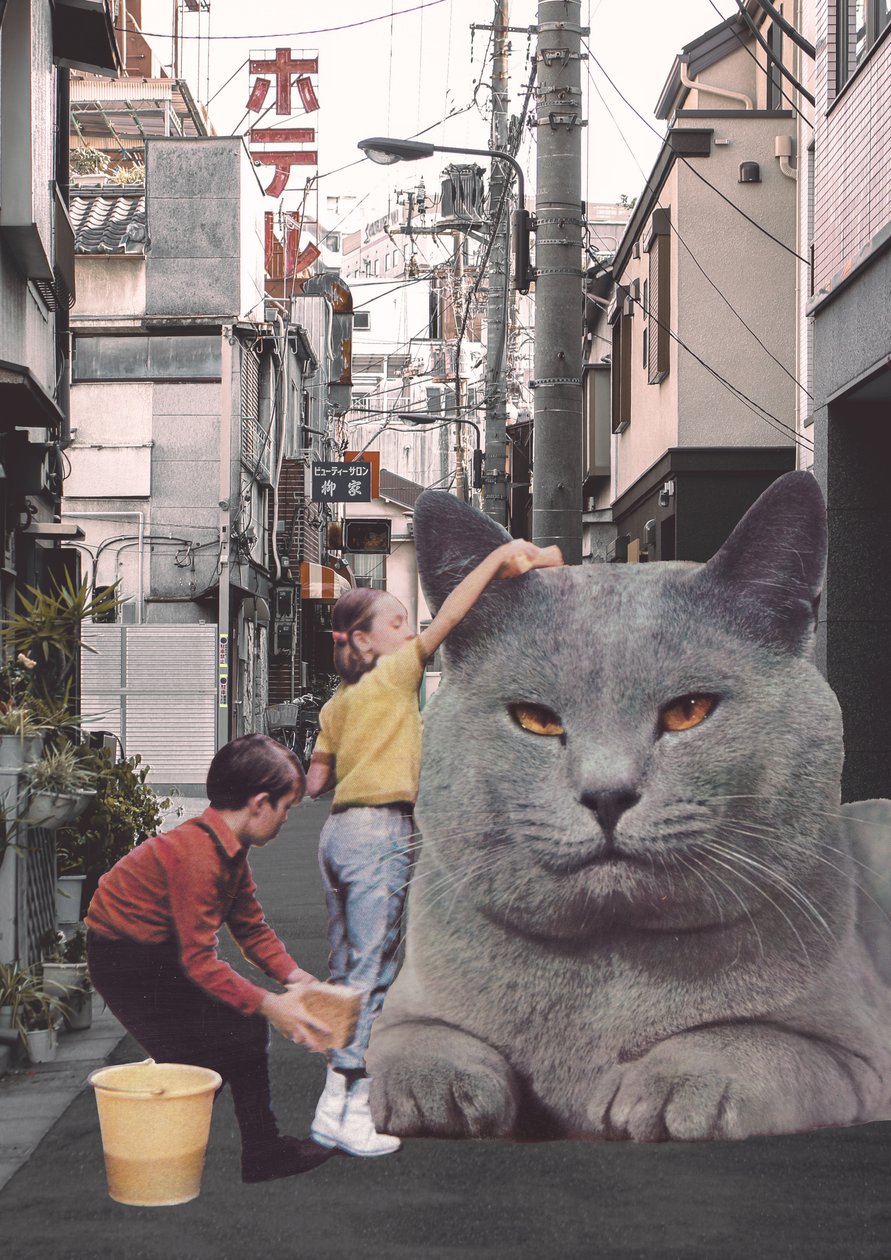 Children washing a giant Cat in Tokyo Streets by Florent Bodart