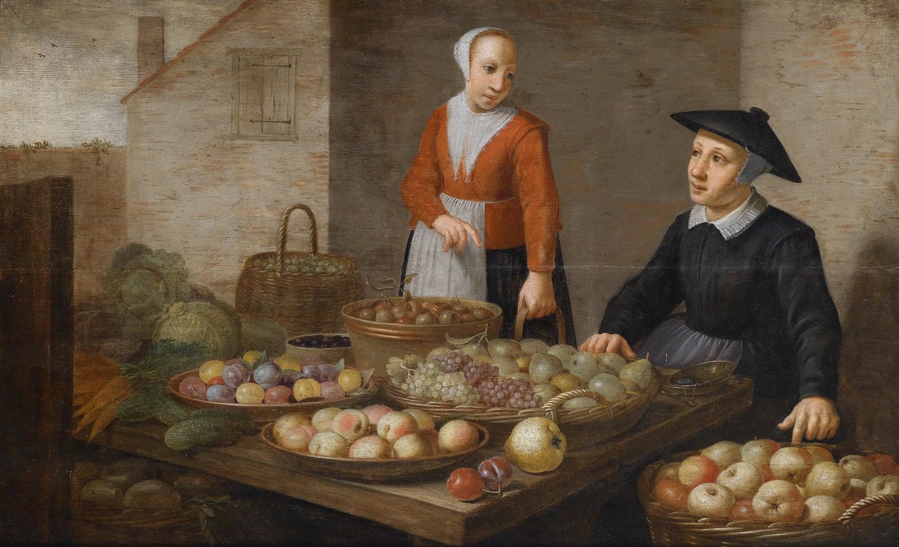 Market Scene with Two Fruit and Vegetable Sellers by Follower of Floris van Schooten