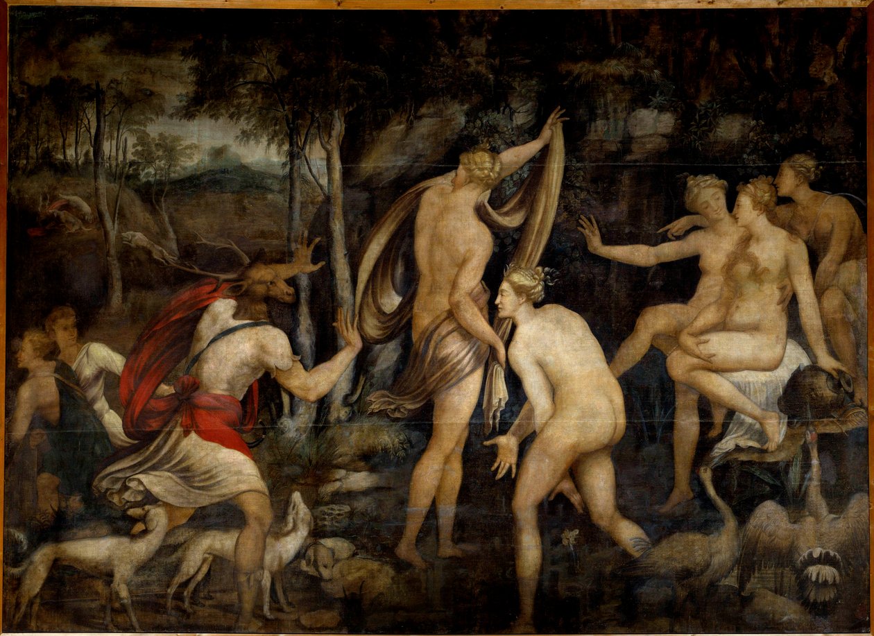 Diana (Artemis), goddess of hunting, and Actaeon, hunter. Painting of the School of Fontainebleau (16th century) by Fontainebleau School